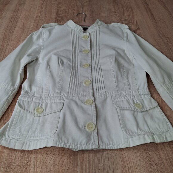 Tara Jarmon Womens White Cotton Military Style Jacket Sz 44 (M) Mandarin Collar - Picture 3 of 15